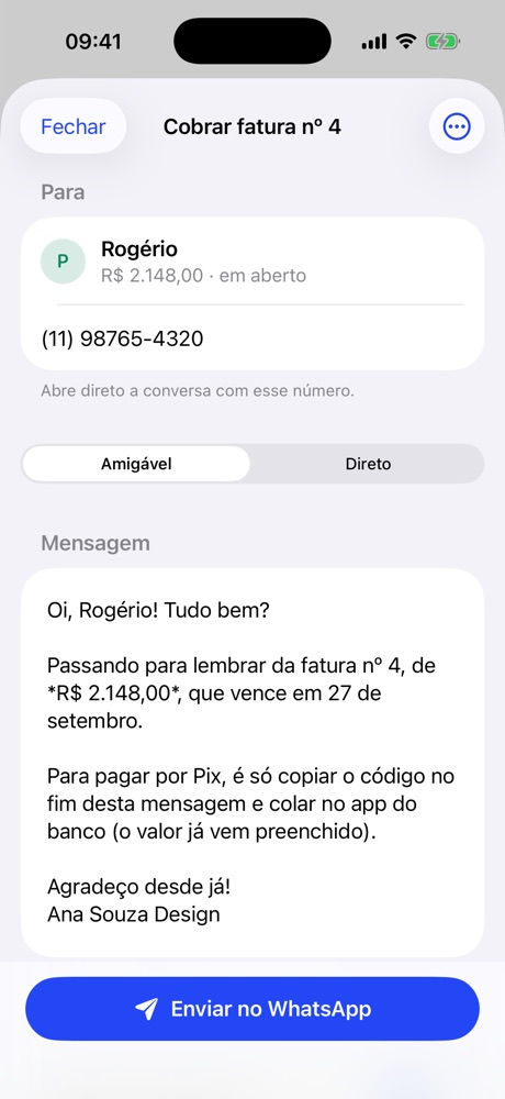 Tela de cobrança do Cobrei com a mensagem pronta para enviar pelo WhatsApp
