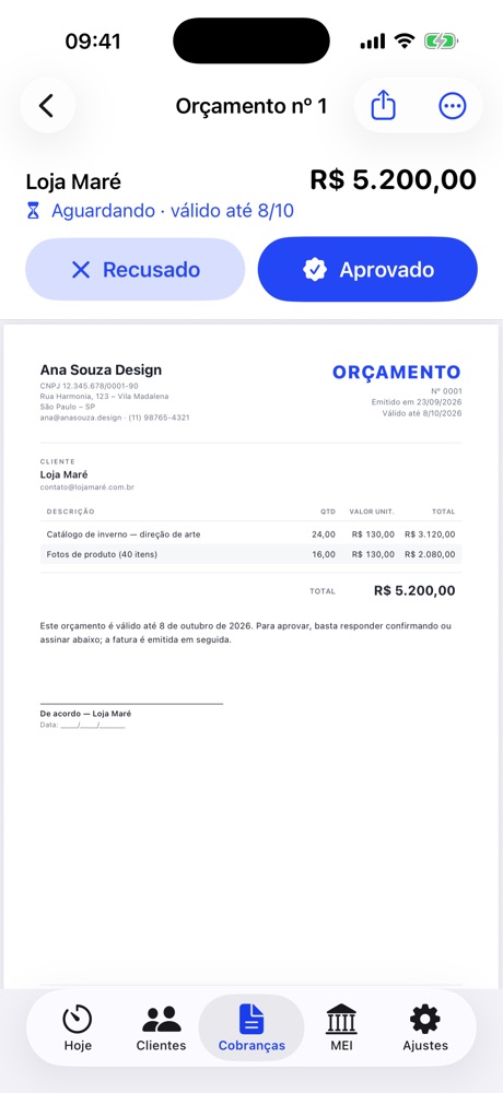 Orçamento em PDF no Cobrei com os botões Aprovado e Recusado