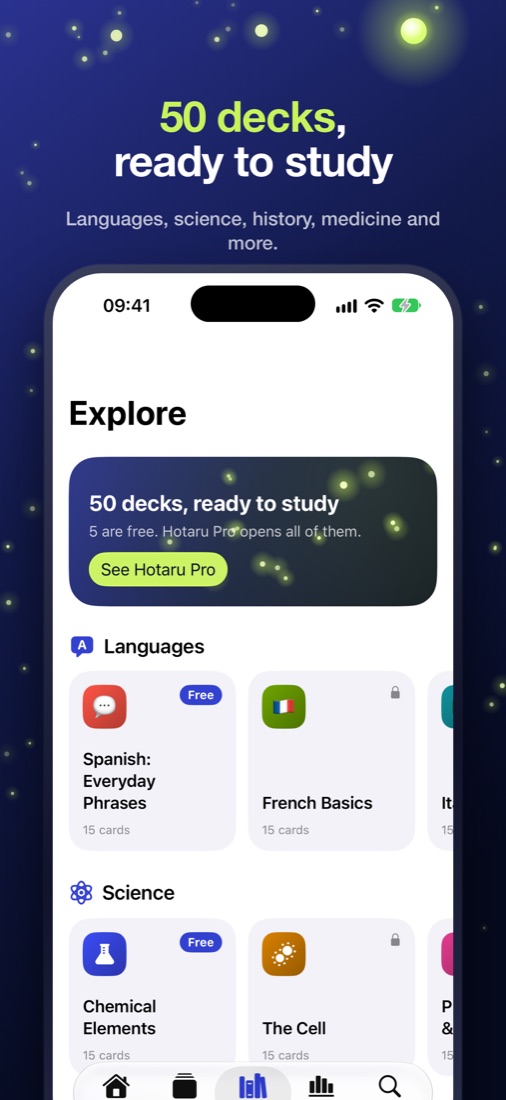 Hotaru's Explore tab with ready-made decks by subject