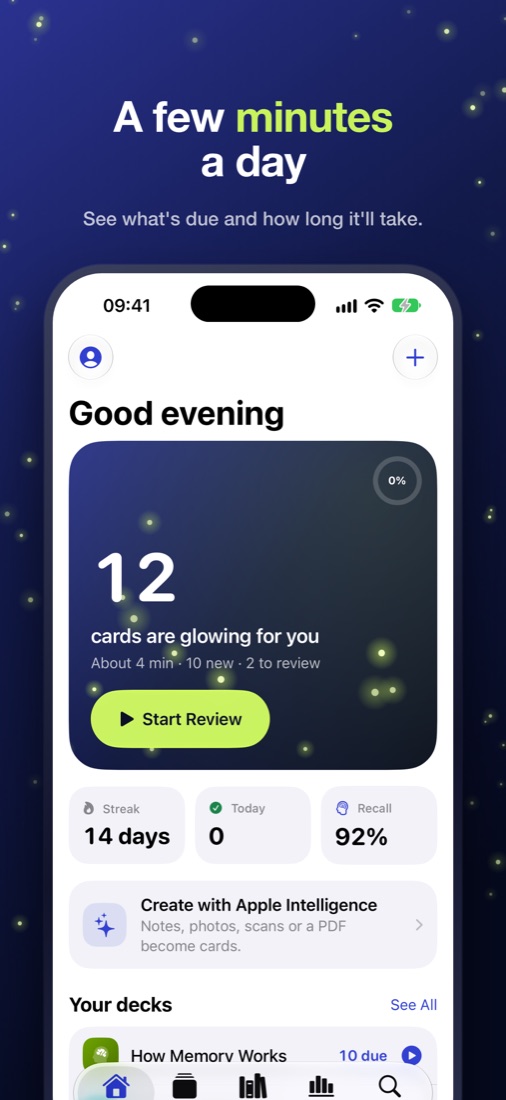 Hotaru's Today screen showing 12 cards glowing for review