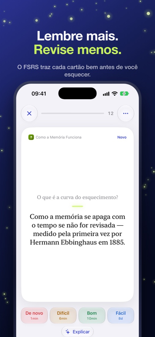 Um flashcard do Hotaru com os botões De novo, Difícil, Bom e Fácil