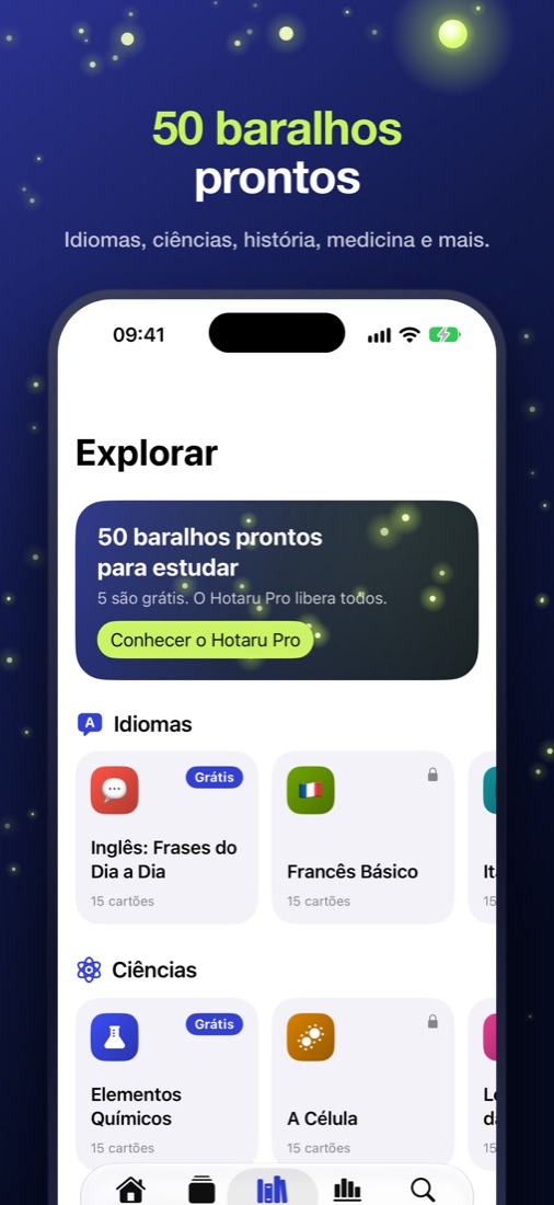 A aba Explorar do Hotaru com baralhos prontos por área