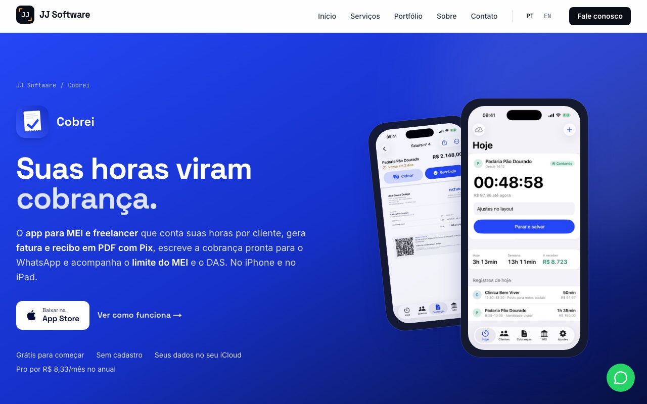 The Cobrei page, an app for hours, Pix invoices and MEI taxes